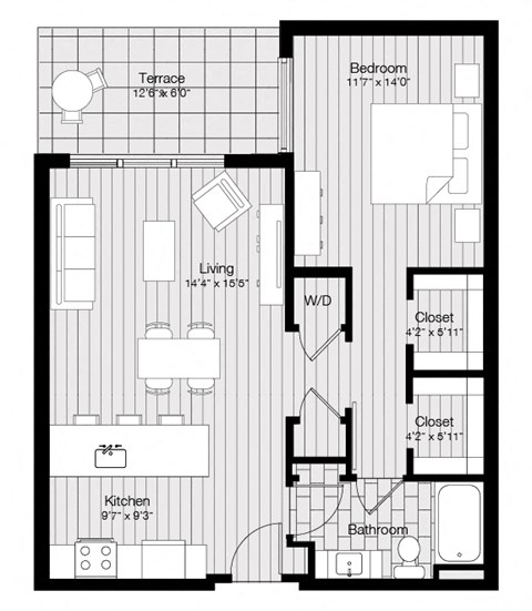 Floor plan for 1 bed, 1 bath, 798 sqft